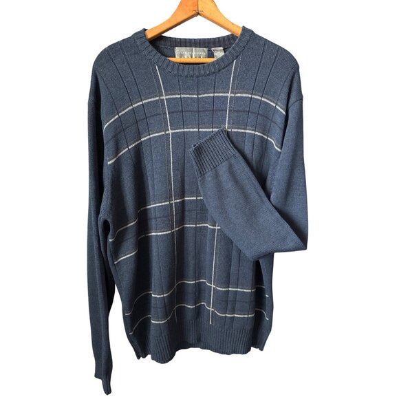 Oscar De La Renta Sweater Navy Brown Plaid Sweater Long Sleeve Cotton Blend XXL - Picture 3 of 4